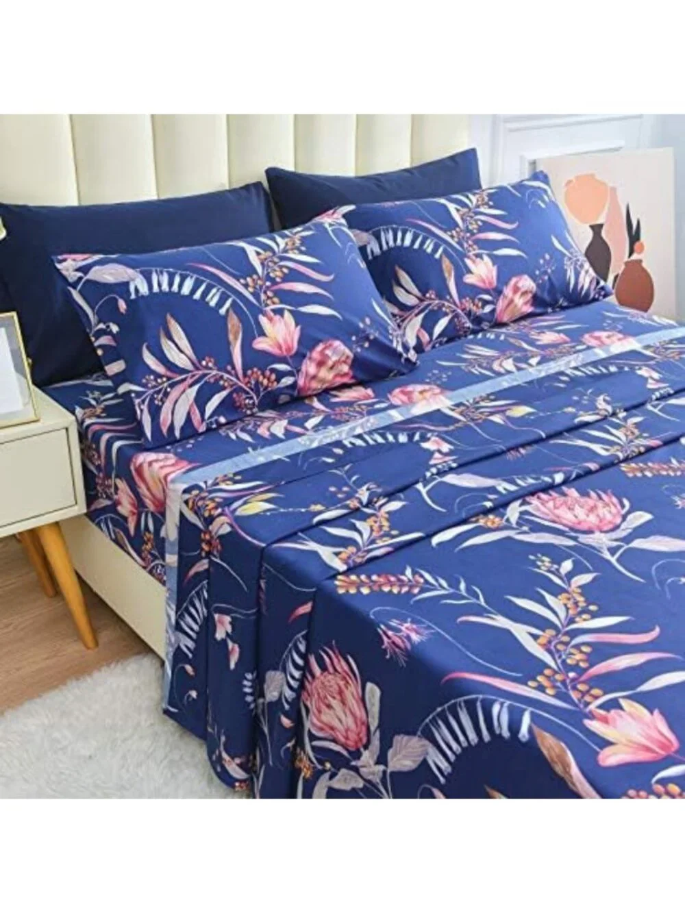 Navy Blue Floral Queen Sheet Set, 6-Piece Soft Microfiber, Extra Deep Pocket